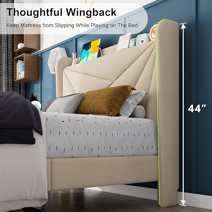 Feonase Twin Size Bed Frame with Charging Station, Upholstered Linen Bedframe with Wingback Headboard, Solid Wood Slats Support, No Box Spring Needed, Noise Free, Beige