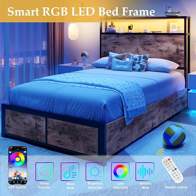 Lifezone Twin Bed Frame with 2-Tier Storage Headboard, Metal Platform Bed Frame with 4 Storage Drawers, Built in Charging Station & LED, Noise-Free/Metal Support/No Box Spring Needed, Vintage Brown