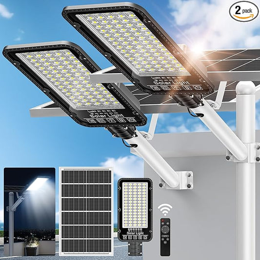 12000W Solar Street Lights Outdoor - 6500K Solar Parking Lot Lights Commercial Dusk to Dawn, Heavy Duty Split Type LED Solar Street Light Remote Control, Street Lights Solar Powered for Yard (2Pack)