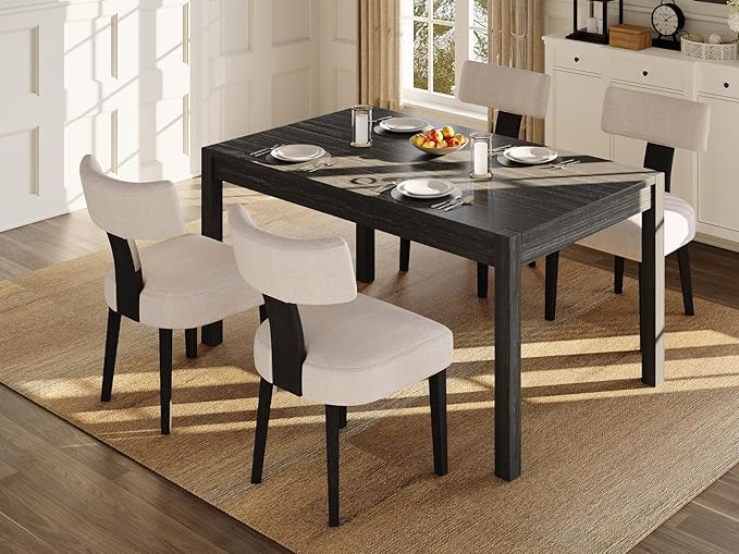 Modern Upholstered Dining Chairs Set of 4, Mid Back, Farmhouse Beige Dining Room & Kitchen Chairs, Black Wood Armless Side Chair for Living Room/Home Office/Reception
