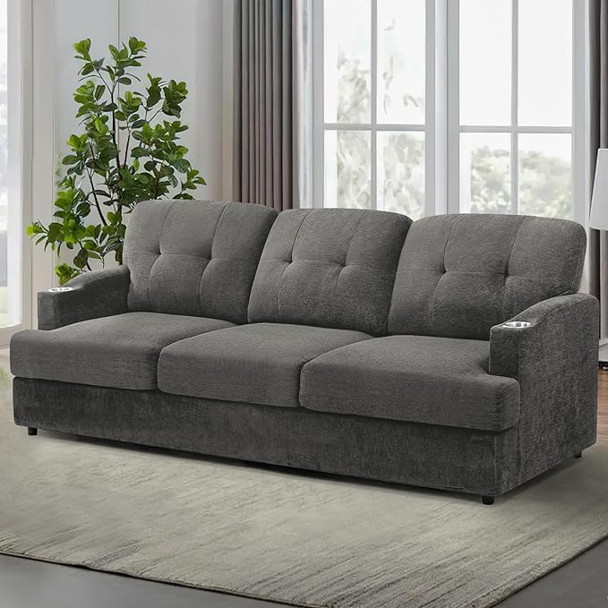 89" Chenille Modern Sofa with Cup Holder, Tufted Upholstered Couch with Thickened Cushions, Comfy 3 Seater Sofa with Deeper Seat for Living Room, Apartment, Grey