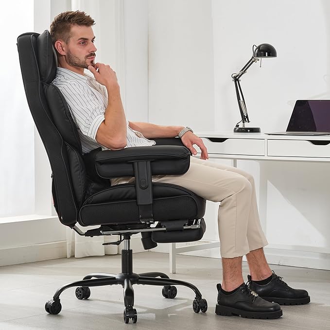 Big and Tall Office Chair 400lbs Wide Seat,High Back Gaming Chair with Foot Rest, Ergonomic Reclining Executive Office Chairs Lumbar Support,Leather Computer Chair Adjustable Arm(Black)