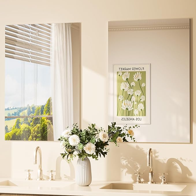 TETOTE Frameless Mirror 2 Packs 20" x 30" Bathroom Tempered Glass Mirrors for Over Sink, Suitable for Bedroom, Entryway, Hallway, Gym, Vertically/Horizontally
