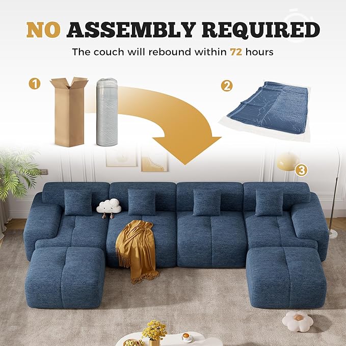 158" Modern U Shaped Modular Sectional Sofa, Boneless Couches for Living Room with Ottoman,6 Seater Convertible Chenille Cloud Couch Sofa Set, No Assembly Required, Blue 1 PCS
