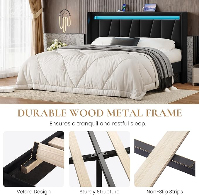 SHA CERLIN Queen Bed Frame with Charging Station and LED Lights, Modern Velvet Platform Bed with Upholstered Geometric Wingback Headboard, No Box Spring Needed, Easy Assembly, Black