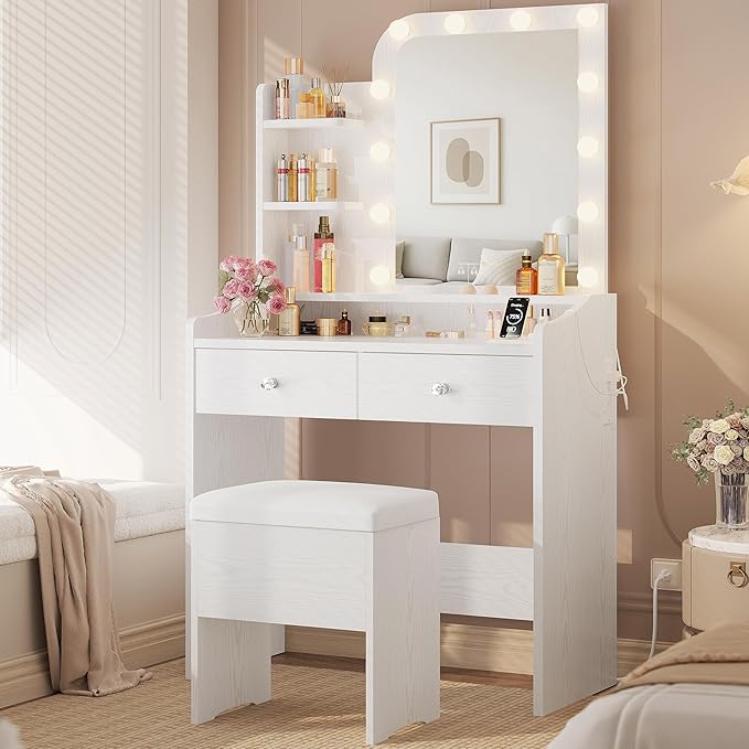 LIKIMIO Vanity Desk with Mirror and Lights, Makeup Vanity Table Set with Storage Stool, Makeup Drawer Organizer, 3 Color Modes Adjustable Bulb, Power Outlet, White Vanity for Bedroom