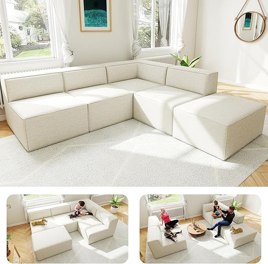 97"+57" 5-Piece Modular Sectional Sofa Convertible Cube Thick Couch 2 3 4 Seat Set, L-Shape, No Assembly for Living Room (3xArmless+1xCorner+1xOttoman) Fabric Chenille Beige White