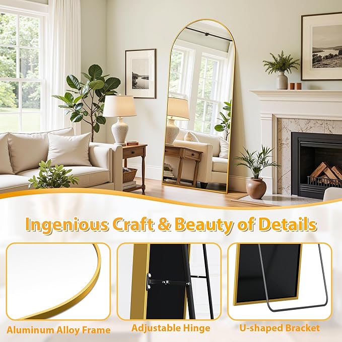 Full Length Mirror, 81"x41" Oversized Floor Mirror Freestanding, Full Body Mirror Floor Standing Mirrors with Stand, Hanging Mounted Mirrors for Bedroom Living Room, Gold, Arched Style