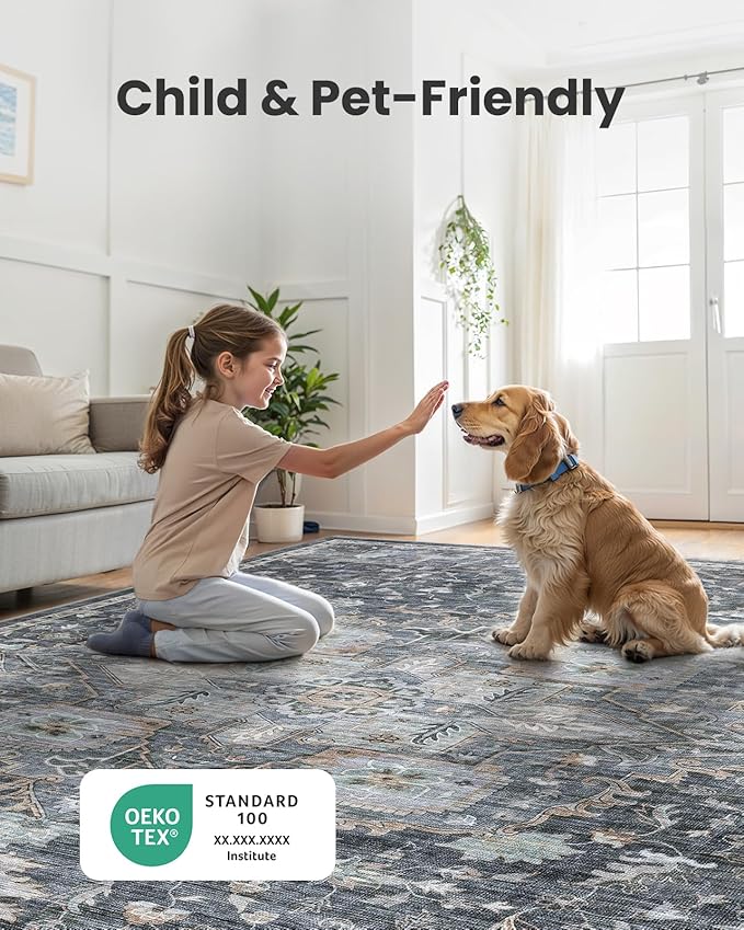 AMADA HOMEFURNISHING 6x9 Area Rugs, Blue Low-Profile Washable Rug with Non-Slip Backing & Durable Edge Binding, Vintage Rugs for Living Room, Bedroom, Dinning Room