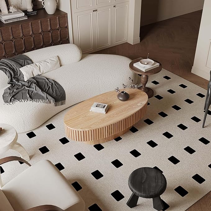 47.2" Oval Coffee Table with Storage, Fluted Coffee Table with Solid Wood Veneered, Mid Century Modern Wooden Center Table, Accent Tea Table for Living Room Apartment, Natural