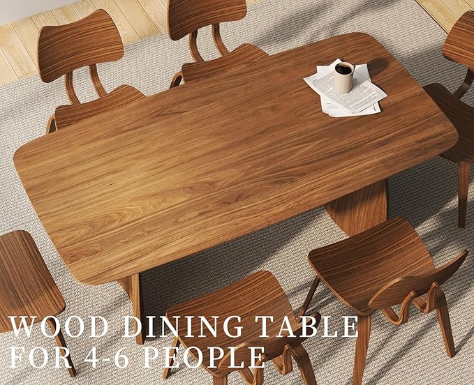 70 Inch Large Dining Table for 6-8 People, Solid Wood Kitchen Table with Curved Wooden Legs, Mid Century Modern Rectangular Long Dinner Table for Dining Room, Walnut