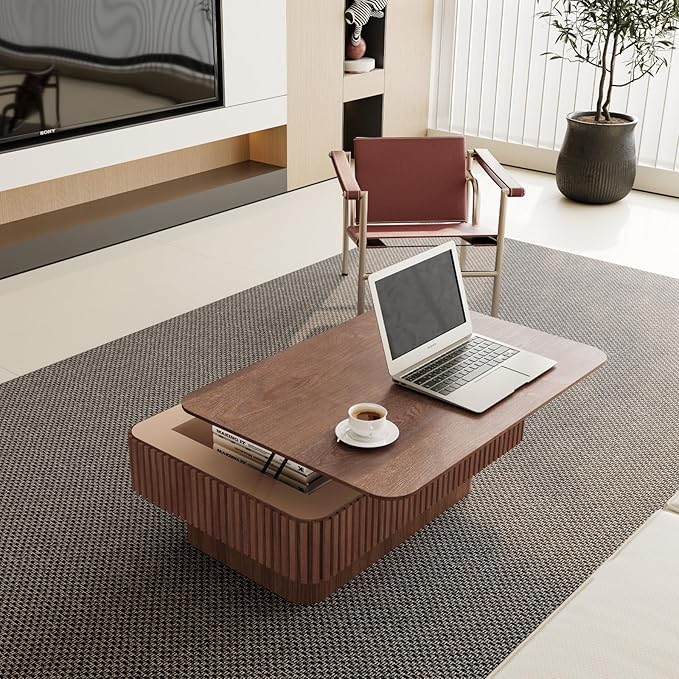38.6" Lift Top Coffee Table with Storage, Fluted Coffee Table with Solid Wood Veneered, Mid Century Modern Wooden Center Table, Accent Tea Table for Living Room Apartment, Walnut