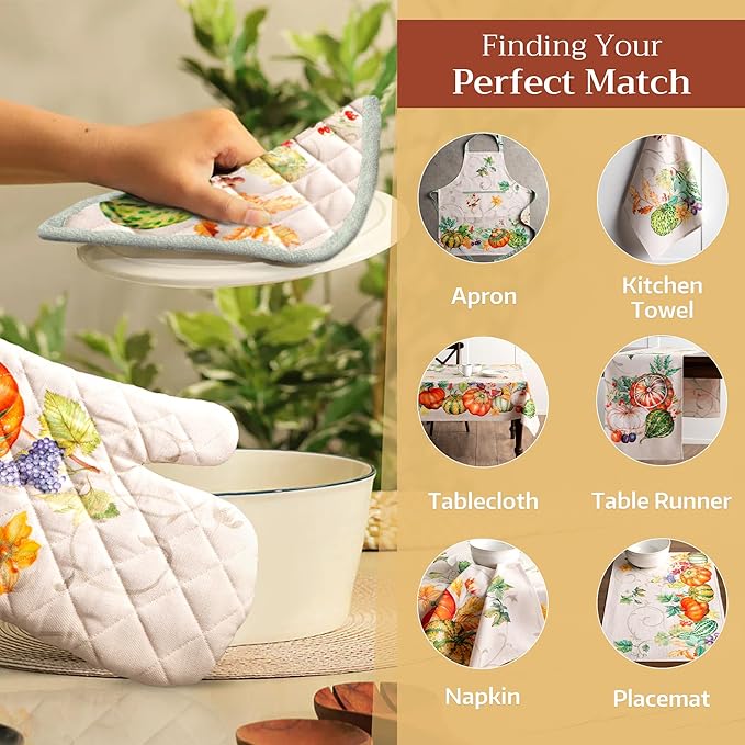 Maison d' Hermine 100% Cotton Oven Mitt & Pot Holder Set (7.5"x13" & 8"x8") Heat Resistant BBQ Cooking Gloves with Loop for Thanksgiving Christmas Decorations Handling Hot Pans (Lumina)