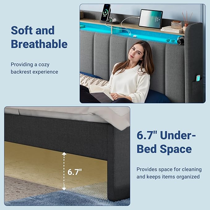 Allewie Vertical Tufted Queen Upholstered Platform Bed Frame with 2-Tier LED Storage Headboard & 2 Storage Drawers, USB & Type-C Charging Ports, Noise-Free/No Box Spring Needed, Dark Grey