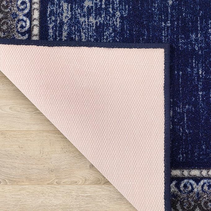 Antep Rugs Alfombras Bordered Modern 2x4 Non-Slip (Non-Skid) Low Pile Rubber Backing Kitchen Area Rug (Navy, 2'3" x 4')