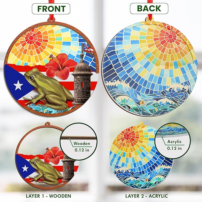 FLAGWIX Christmas Puerto Rico Gifts for Women Men - Coqui Frog Suncatcher Ornaments for Tree Decorations - Puerto Rico Christmas Ornament 2025, House Warming Gifts for Mom Dad, Friend Gift Ideas