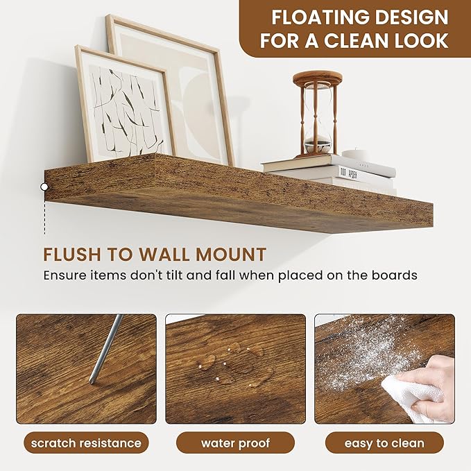 fuqing Floating Shelves for Wall, Wall Mounted Wood Floating Shelf with Invisible Brackets for Living Room, Bathroom, Bedroom, Kitchen Storage and Decor, 24 Inch Set of 2, Rustic Brown
