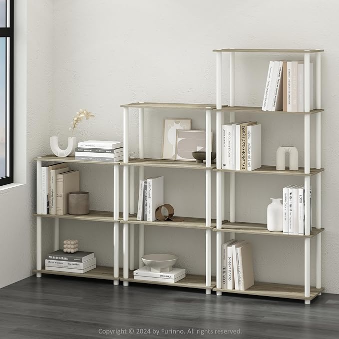 Furinno TURN-N-TUBE Storage Shelves, 5-Tier Book Shelf, Corner Shelf, Toolless Open Shelves, for Organization and Storage, Living Room, Garage, Home Office, Sonoma Oak