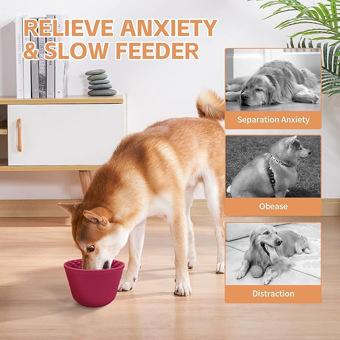 Dog Lick Bowl with Brush and Scraper, Anxiety Relief Silicone Slow Feeder Treat Dispenser, Anti-chocking Pet Dish, Non-Slip Interactive Entertainment Dog Puzzle Toy for Medium & Large-Dark Red