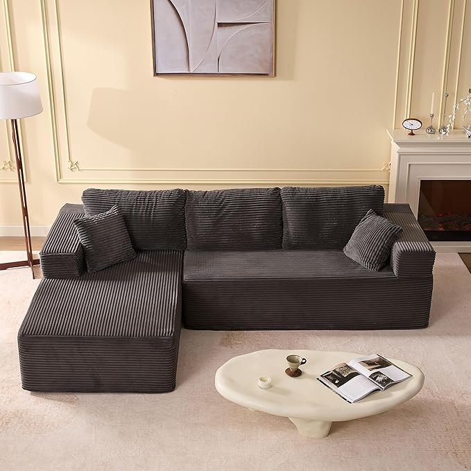107" Boneless Couch with Deep Seat, Modular Sectional Sofa, Cloud Sectional Couch for Living Room, No Assembly Required, Corduroy, L-Shape Left?Grey
