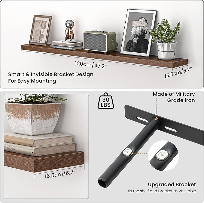 Heimlove 48 Inch Floating Shelves for Wall,Extra Long Wood Shelves Mounted Storage Hanging Shelf Invisible Bracket for Bedroom,Living Room,Kitchen,Office,Set of 2,Rustic Brown