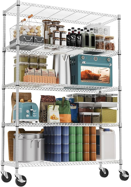 5 Tiers Shelf 1750 lbs Steel Storage Shelving Utility Shelving Unit Steel Organizer Wire Rack for Home,Kitchen,Office,Garage Chrome 17.7" D x 47.2" W x 76.8" H