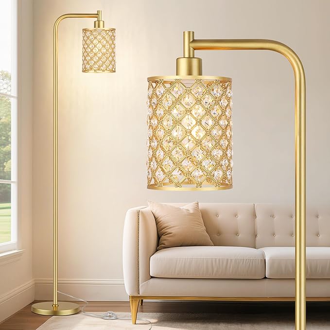 QiMH Industrial Floor Lamp for Living Room, Modern Standing Lamp with Crystal Lampshade Pedal Switch, 67” Tall Lamp for Bedroom Study Room, Gold(2700K LED Bulb Included)