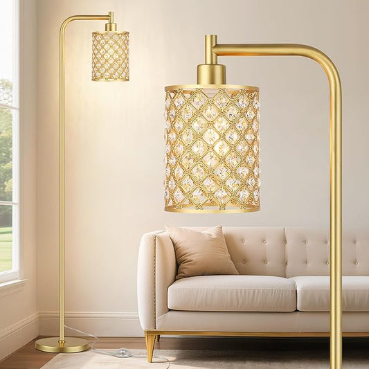 QiMH Industrial Floor Lamp for Living Room, Modern Standing Lamp with Crystal Lampshade Pedal Switch, 67” Tall Lamp for Bedroom Study Room, Gold(2700K LED Bulb Included)