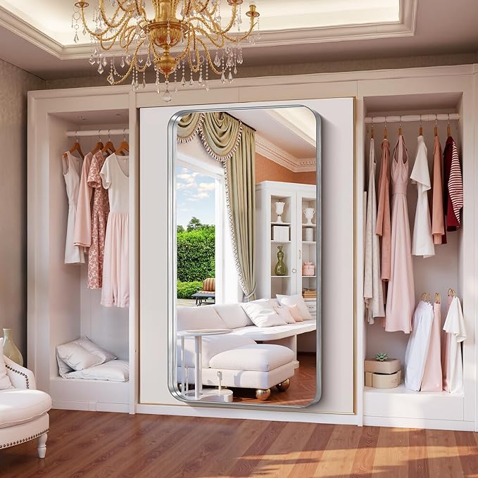 FORBATH 72x36 Inch Oversized Bathroom Mirror for Double Sinks, Brushed Silver Deep Frame Full Length Wall Mirror with Rounded Corners, Anti-Rust Tempered Glass (Horizontal/Vertical)