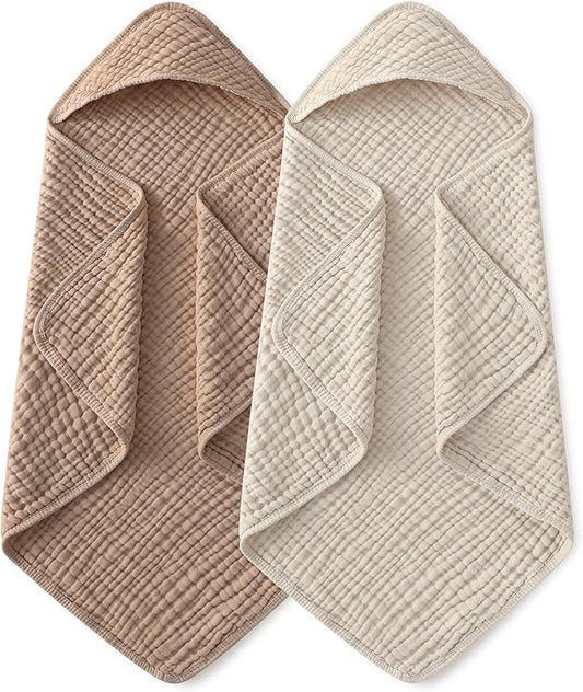 Yoofoss Hooded Baby Towels for Newborn 2 Pack 100% Muslin Organic Cotton Baby Bath Towel with Hood for Babies, Infant, Toddler and Kids, 37.5"x37.5", Soft and Absorbent Newborn Essential, Beige&Coffee
