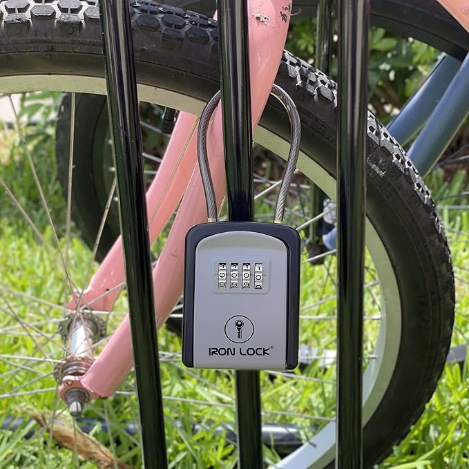 Iron Lock® Key Lock Box Portable with Cable Shackle – Small Waterproof Heavy-Duty Metal Safe with 4-Digit Combination for Spare Keys Outside on Door Knob, Fence, Pipe or Gate (Grey, Small)