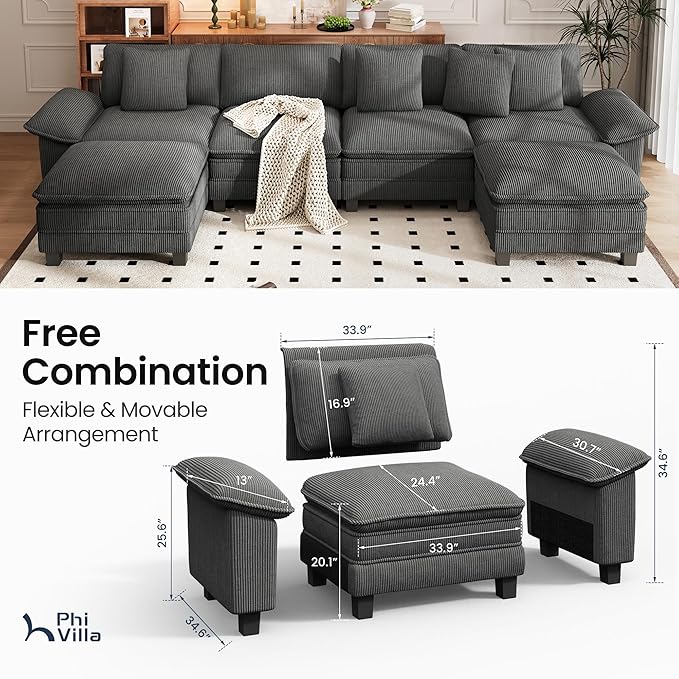 PHI VILLA Cloud Modular Couch Sets, 157.5" Large Sectional Sofa with U-Shaped Chaise, 6-Seater Couches with Movable Ottomans for Living Room, Corduroy Fabric, Grey