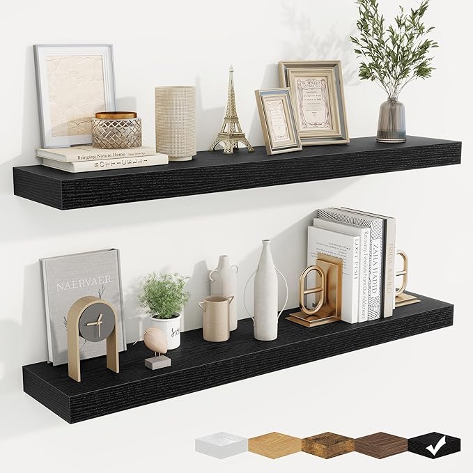 fuqing Floating Shelves for Wall, Wall Mounted Wood Floating Shelf with Invisible Brackets for Living Room, Bathroom, Bedroom, Kitchen Storage and Decor, 40 Inch Set of 2, Black