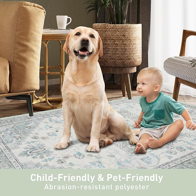 5x7 Soft Washable Area Rugs for Living Room and Bedroom, Non-Slip Stain Resistant Indoor Carpet, Cozy Floor Mat for Dining Room, Office, Under TableStain Resistant Green Floral