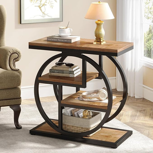 Tribesigns End Table for Living Room, 4-Tier Narrow Side Table with Storage Shelves, Industrial Bedside Table for Bedroom, Wood Small Sofa Side Table with Geometric Metal Frame (1 PC, Natural Brown)