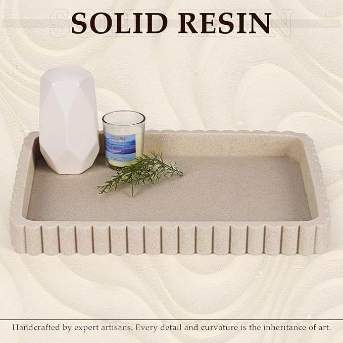 Resin Decorative Tray for Coffee Table Decor, 14" Coffee Table Tray Ottoman Tray Table Centerpieces, Rectangular Modern Decorative Trays for Home Decor, Living Room, Entry, Resin Beige