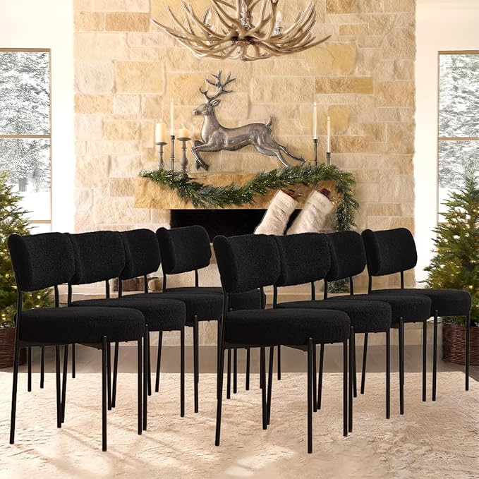 Black Boucle Dining Chairs Set of 8, Upholstered Dinner Chair with Metal Frame, Dining Room Chairs with Padded Seat, Round Modern Seating for Living Room