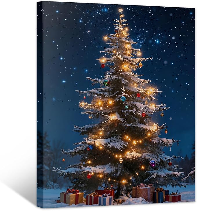 Framed Christmas Pictures Wall Decor,Vintage Pine Tree Prints,Winter Christmas Canvas Wall Art Decoration for Bedroom Bathroom Living Room Rustic Xmas Holiday Gifts (Christmas Tree 13, 16'' X 24'')