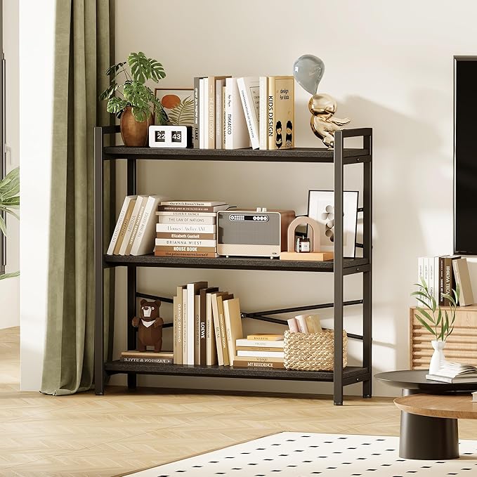 Book Shelf, 3 Tier Bookshelf 31.49" Width, Book Shelf Storage and Organization, Wooden and Metal Industrial Bookcase, Large Book Shelves for Home Living Room Bedroom Office Storage(Black)