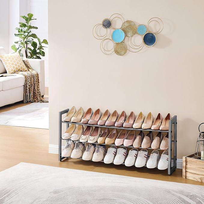 FAVOOSTY 3-Tier Expandable Shoe Rack, Adjustable Shoe Shelf Storage Organizer Space Saving Metal Free Standing Shoe Rack for Entryway Closet Doorway, Silver Grey