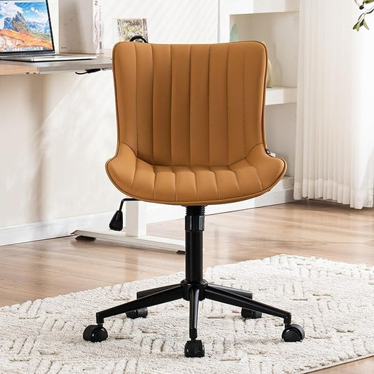 Kidol & Shellder Tan Leather Home Office Desk Chair with Wheels Modern Cute Armless Executive Swivel Vanity Chair with Comfy Padded Back Ergonomic Rolling Adjustable Computer Task Chair Small