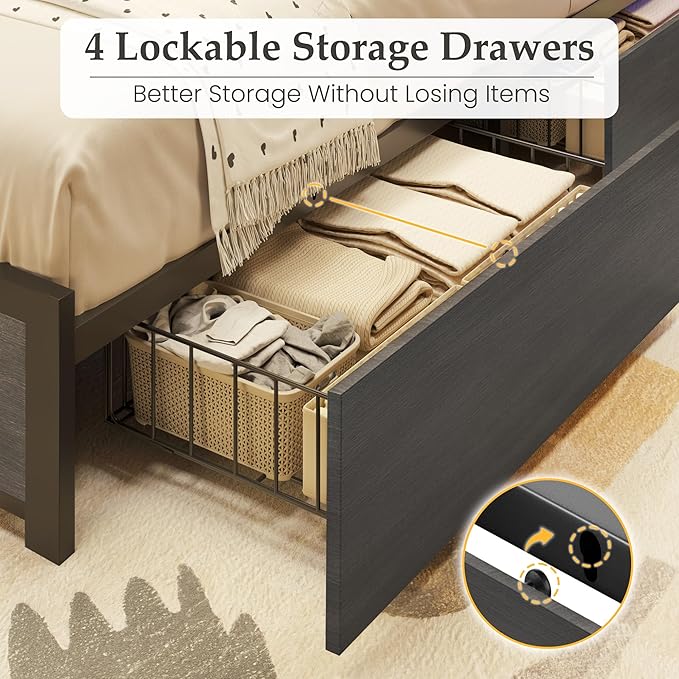 Lifezone Twin Bed Frame with 2-Tier Storage Headboard, Metal Platform Bed Frame with 4 Storage Drawers, Built in Charging Station & LED, Noise-Free/Metal Support/No Box Spring Needed, Rustic Grey