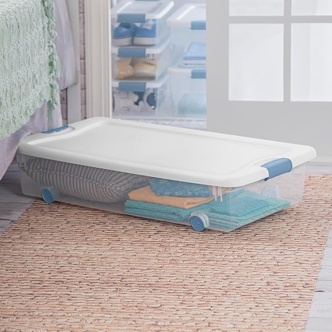 Sterilite 8-Pack Latching Box, Under Bed Storage Bins with Lids, Clear Plastic, 56 Quart - Heavy-Duty Organizing Containers for Closet, Bathroom, and Office