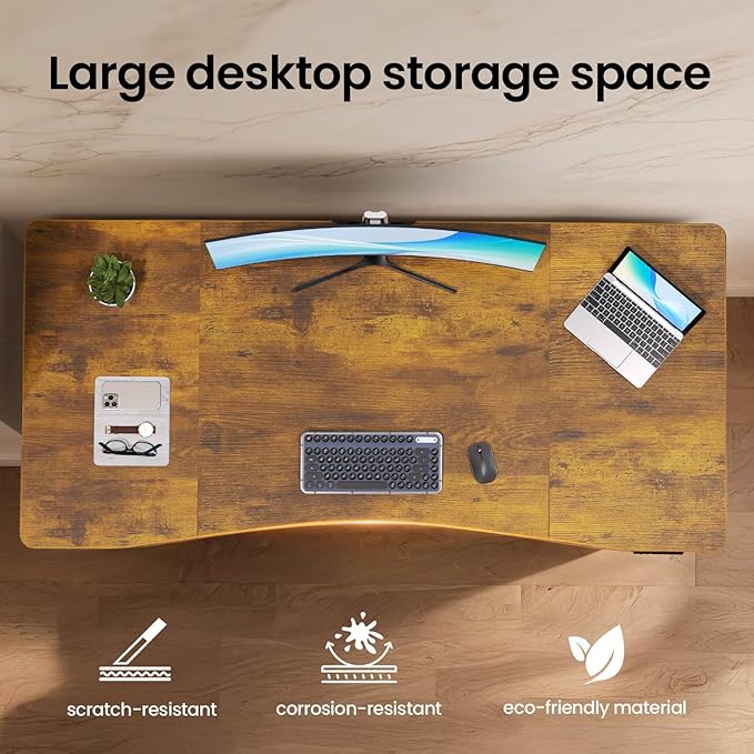 Veken 63 x 28 Inch Electric Standing Desk, Sit to Stand Up, Work Home Office Computer Table for Study, Walking Pad, Writing, and Games, Wooden Desktop Desks, Brown