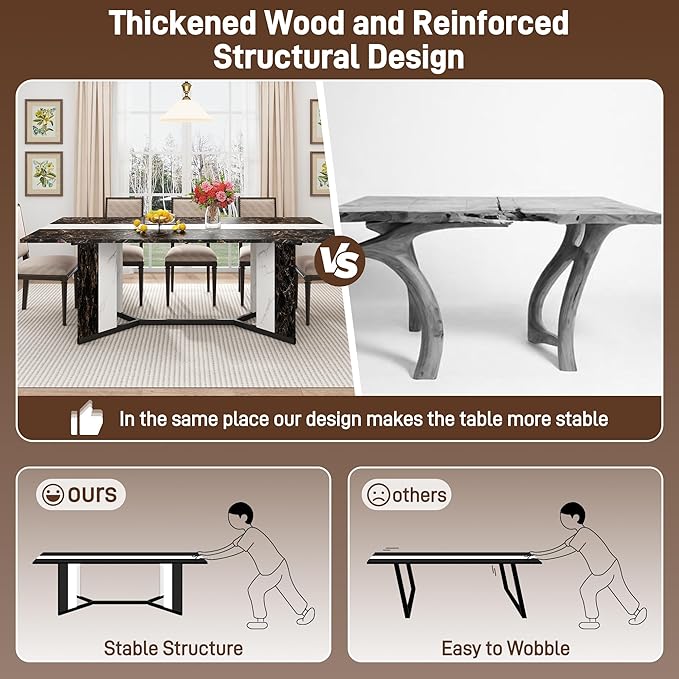 71 inch Dining Table for 4 5 6 | Modern Black Rectangular Kitchen Table W/Waterproof Wood Tabletop,Farmhouse Long Dining Room Tables W/Adjustable Legs&Wood Strip Base for Kitchen Living Room