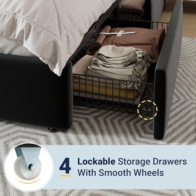 Allewie Modern King Size Platform Bed Frame with 4 Storage Drawers and Velvet Upholstered Headboard, Wooden Slats Support, Upholstered Mattress Foundation/No Box Spring Needed/Easy Assembly, Black