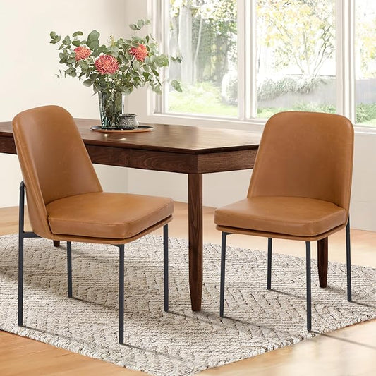 COLAMY Modern Dining Chairs Set of 2, Faux Leather Upholstered Dining Room Chairs Kitchen Chairs Dinner Chair with Curved Back and Metal Legs, Brown
