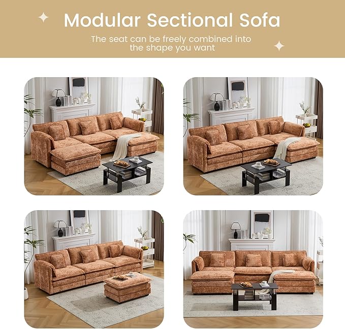 112" Modular Sectional Sofa with Movable Ottoman, L Shaped Couches for Living Room, 3 Seater Comfy Cloud Couch with Removable Cover, Armrest Pillow (Orange)