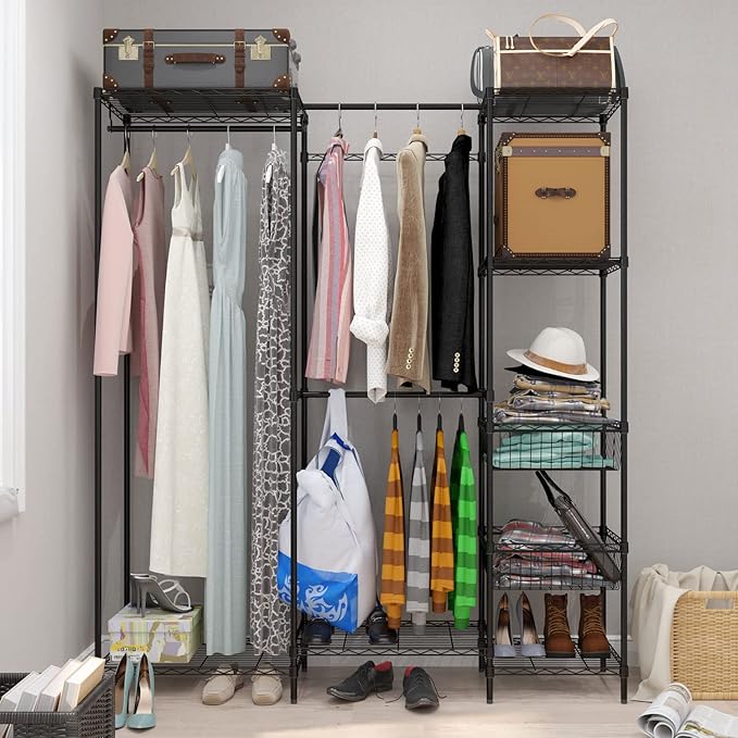 Xiofio 6 Tiers Heavy Duty Garment Rack,Metal Clothing Rack,Clothing Storage Rack,Closet Organizer System Freestanding & Adjustable Wardrobe 60.7" L x 15.7" W x 70.5" H Max Load 720LBS Black