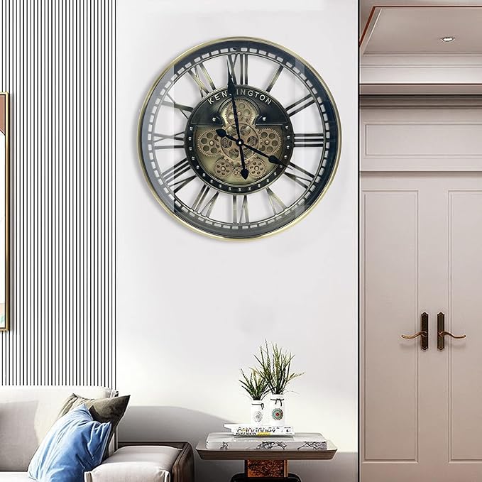 DORBOKER Real Moving Gears Wall Clock Large Modern Metal Clocks for Living Room Decor, Industrial Steampunk Unique Vintage Rustic Decorative Clock for Home Farmhouse Office, 21 Inch,Bronze Gold Roman